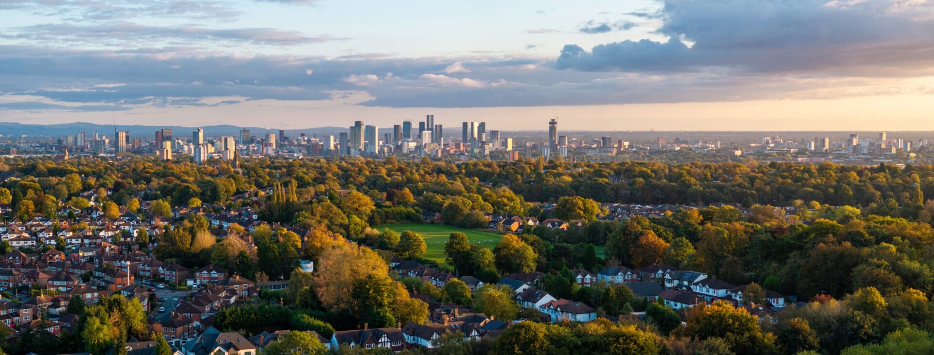 Manchester skyline panorama from Heaton Park, Prestwich.