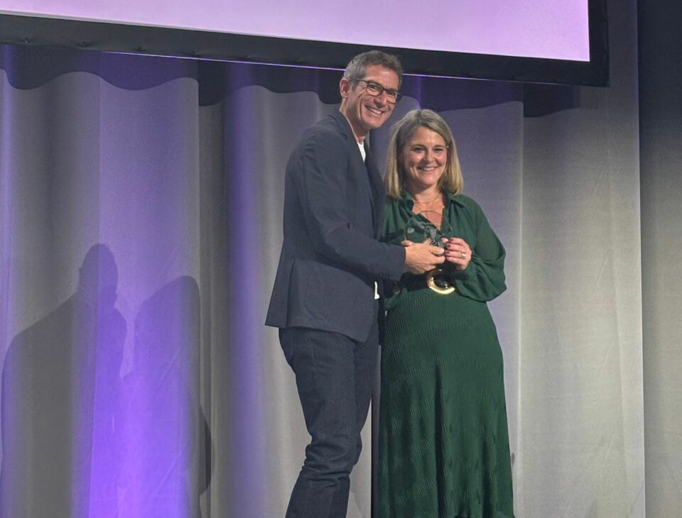 Professor Corinne Faivre-Finn receiving her Klaus Bruer award